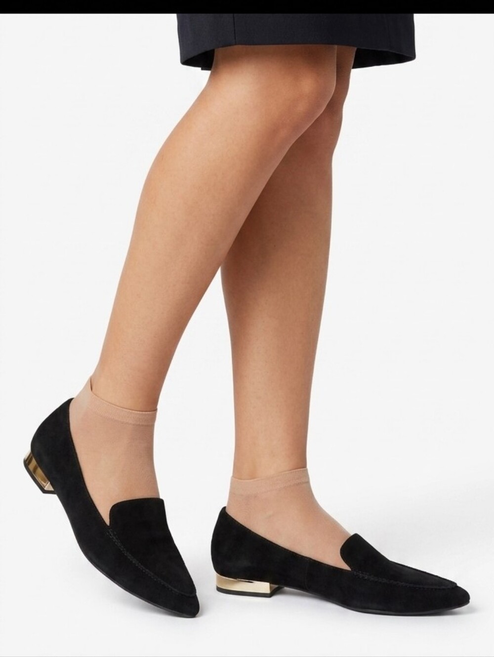 Goldie Black Suede Loafers with Gold Heel Detail
